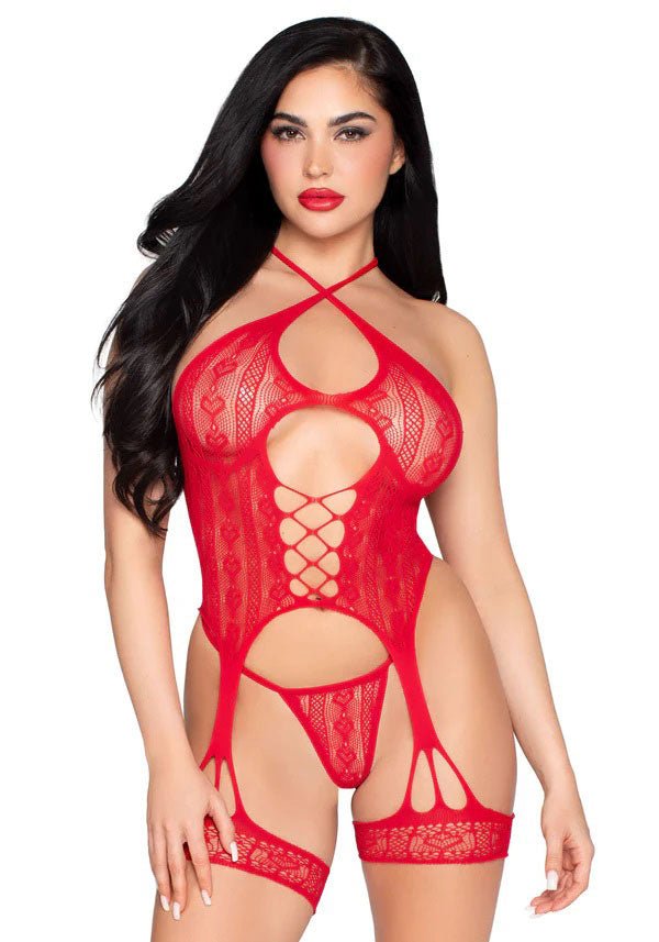 2pc Heart Net Halter Cami and G - String Panty - Os - Red - Time4Task2Toys