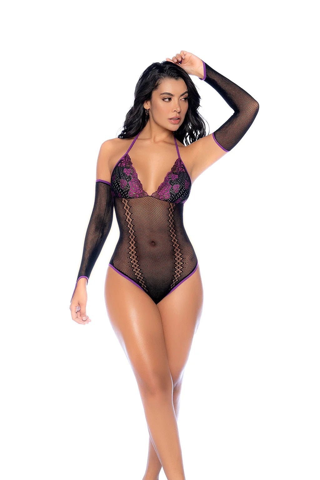 Whispered Lace Fishnet Bodysuit - Os - Black/purple - Time4Task2Toys