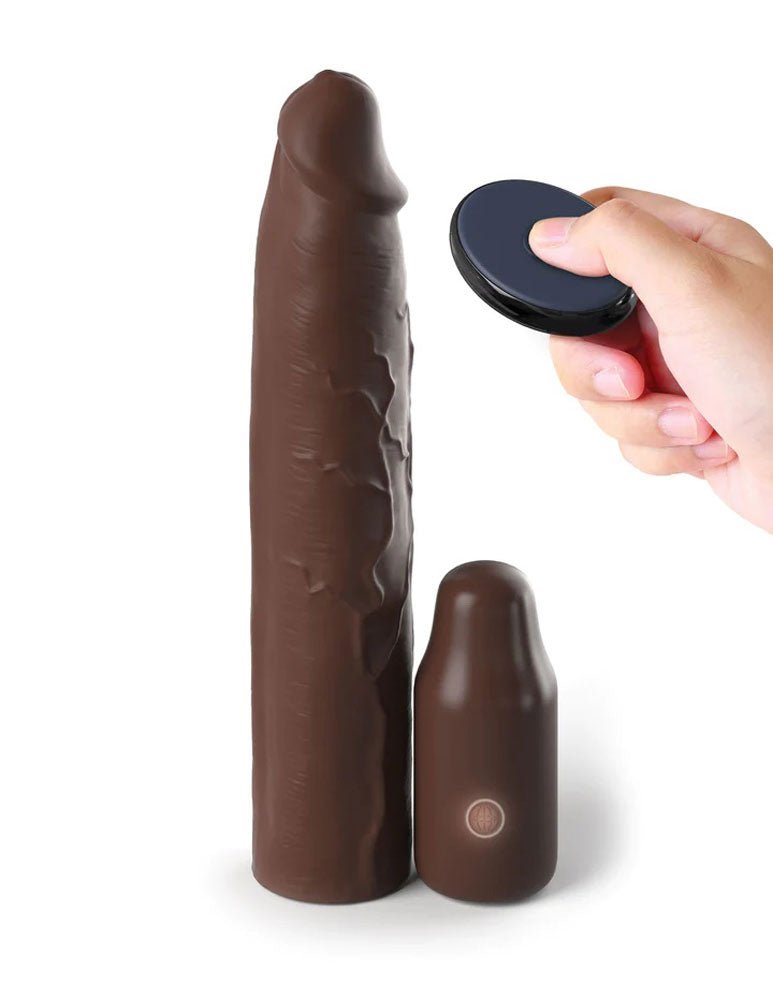 Fantasy X - Tensions Elite 9 Inch Sleeve Vibrating 3 Inch Plug With Remote - Brown - Time4Task2Toys