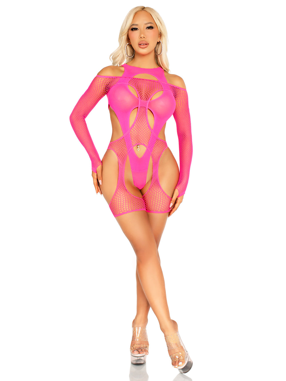 "2 Pc Fishnet Garter Harness and Opaque Cut-Out Teddy O/s - Neon Pink LA-89356PNKOS"