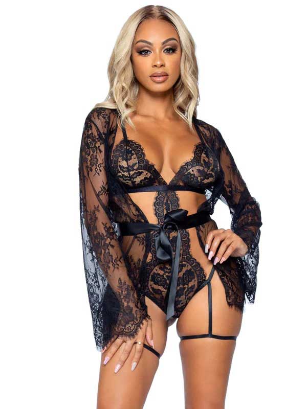 All Romance Lace Teddy and Robe Set - Large - Black - Time4Task2Toys