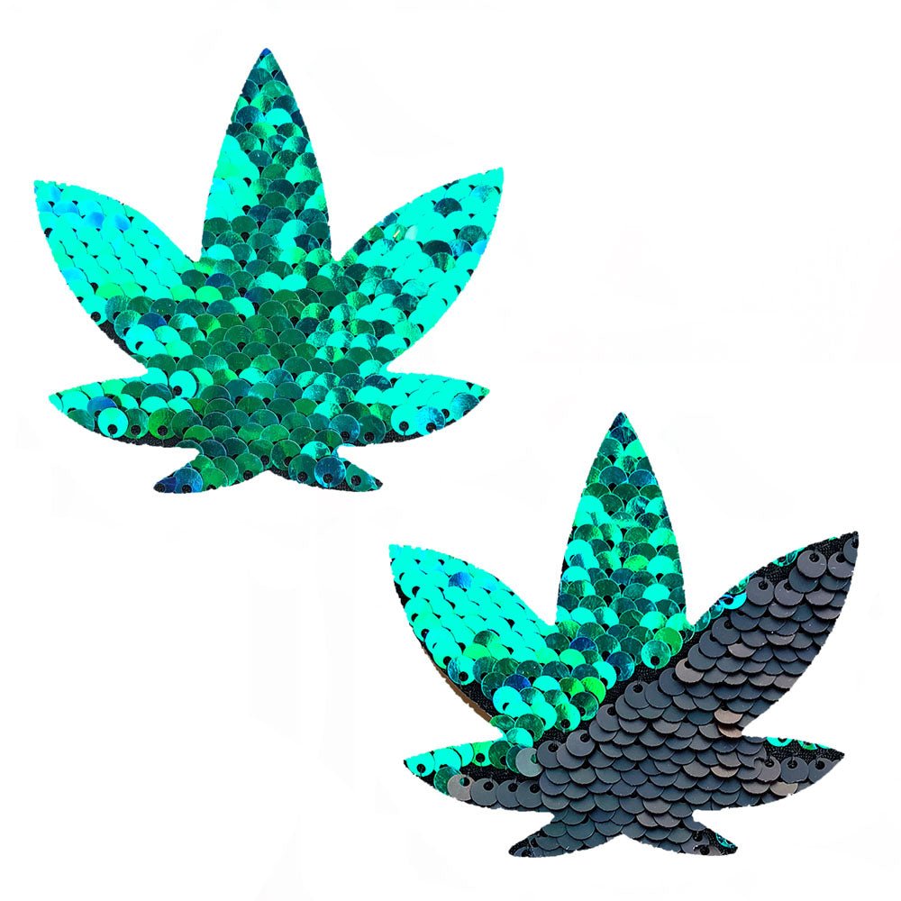 Ariel - Green to Black Flip Sequin Gold Dope Af Weed Leaf Pasties - Time4Task2Toys