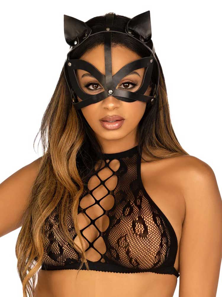 Vegan Leather Studded Cat Mask - Black - Time4Task2Toys