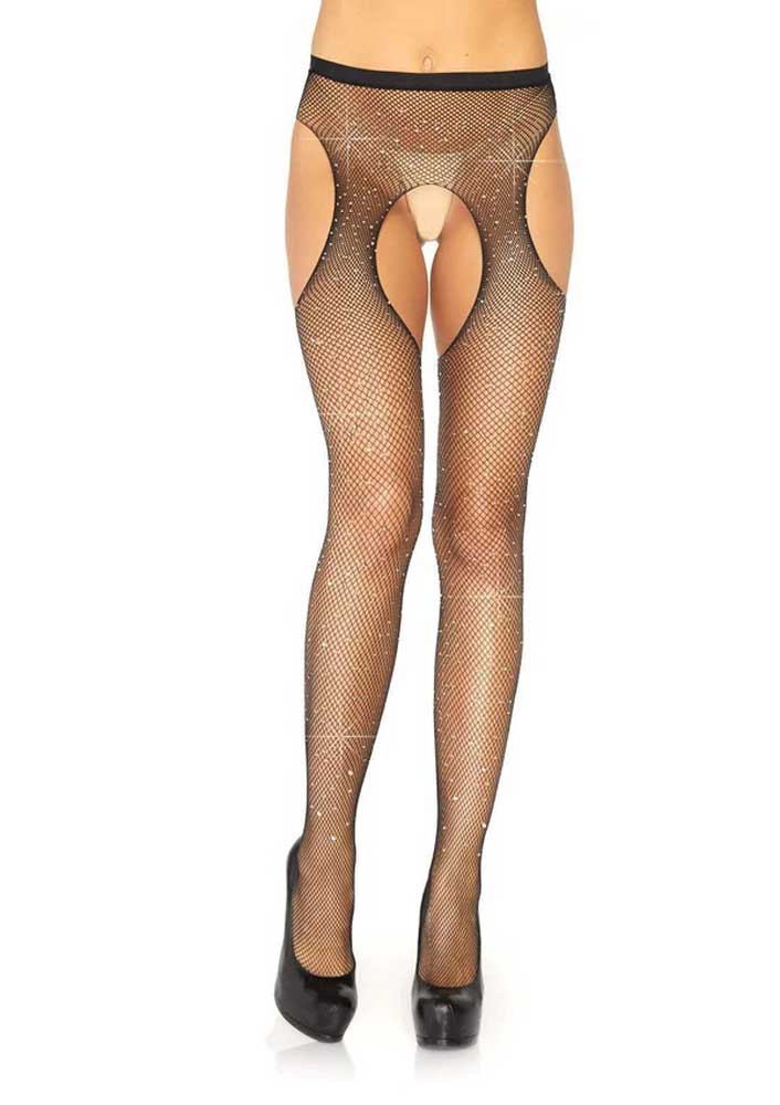 Casey Rhinestone Fishnet Suspender Pantyhose - One Size - Black - Time4Task2Toys