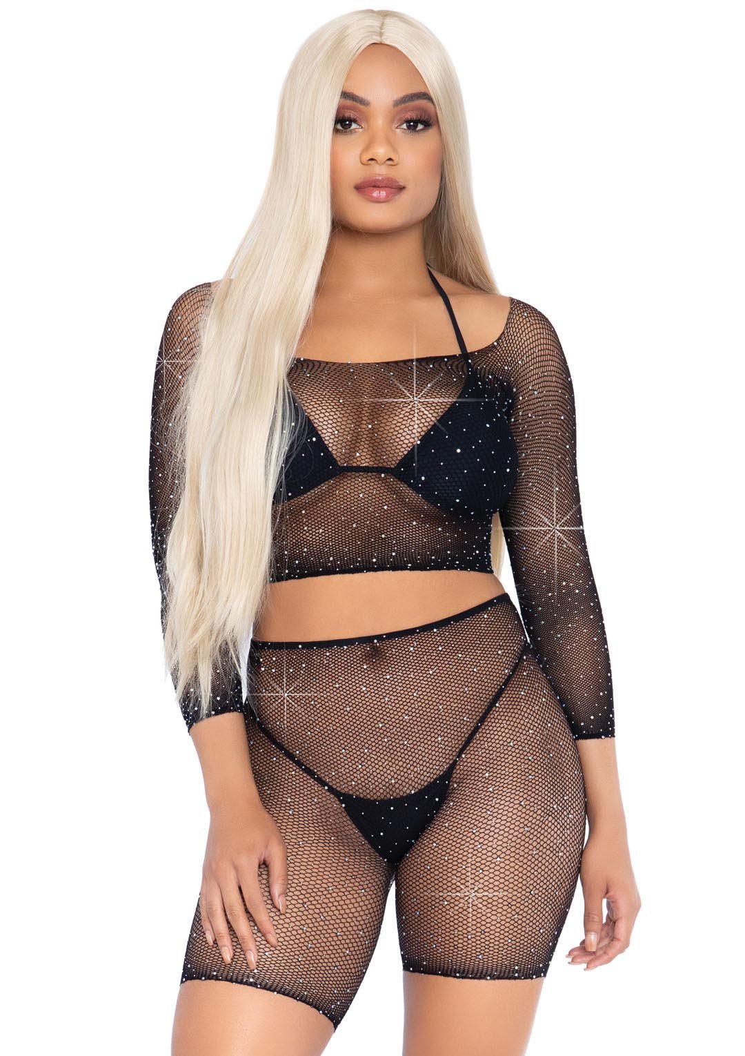 2 Pc Rhinestone Fishnet Crop Top and Biker Shorts - Black - One Size - Time4Task2Toys