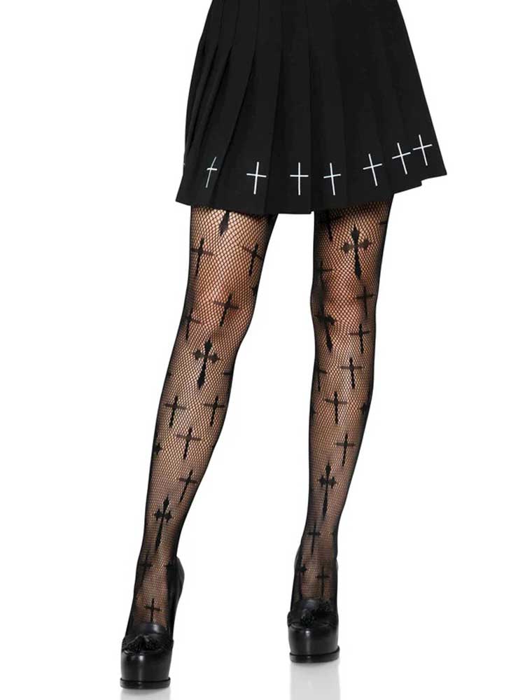 Worship Me Cross Net Tights - 1x/2x - Black - Time4Task2Toys