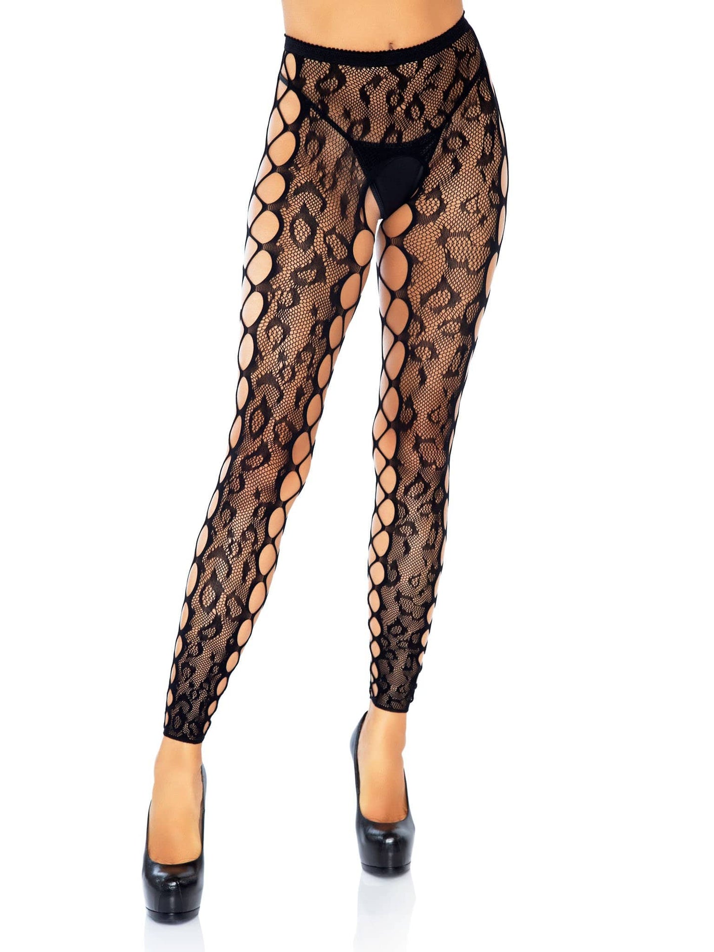 Footless Leopard Lace Crotchless Tights - Black - Time4Task2Toys