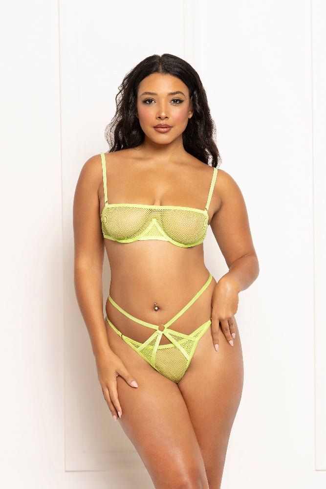 2 Pc Fishnet and Strappy Elastic Bra and Thong Set - One Size - Lime - Time4Task2Toys