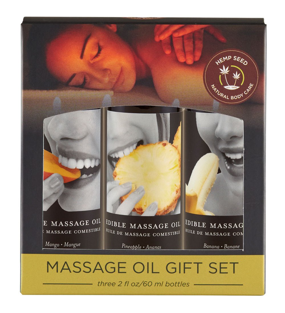 Edible Massage Oil Gift Set Box - 2 Fl. Oz. Bottles - Banana, Mango, Pineapple - Time4Task2Toys