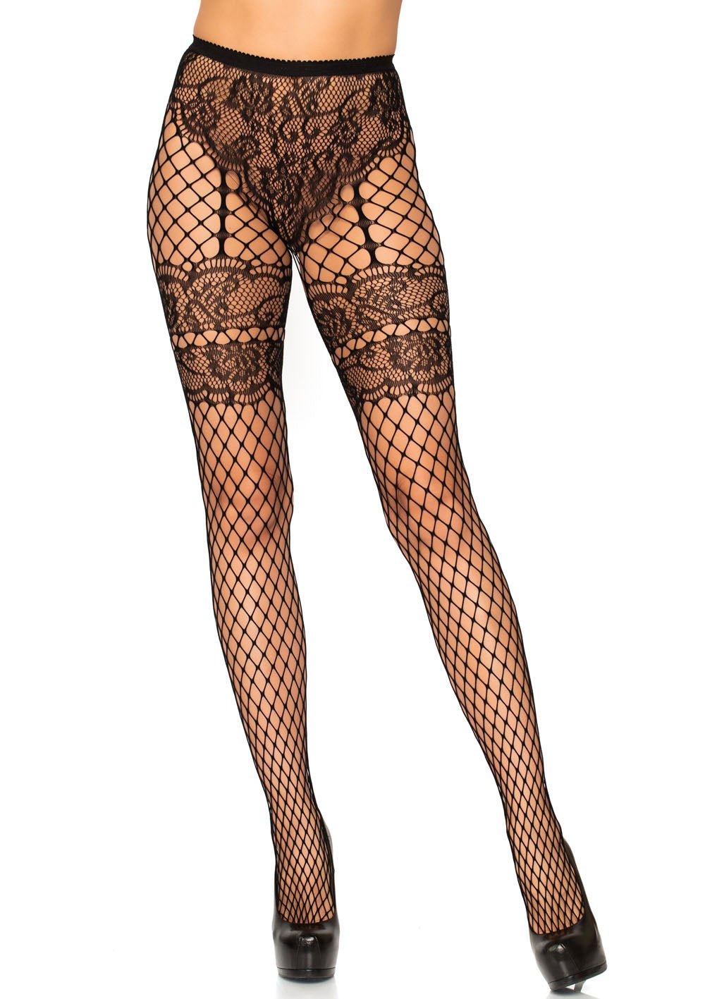 Lace French Cut Faux Garter Net Tights - One Size Black - Time4Task2Toys