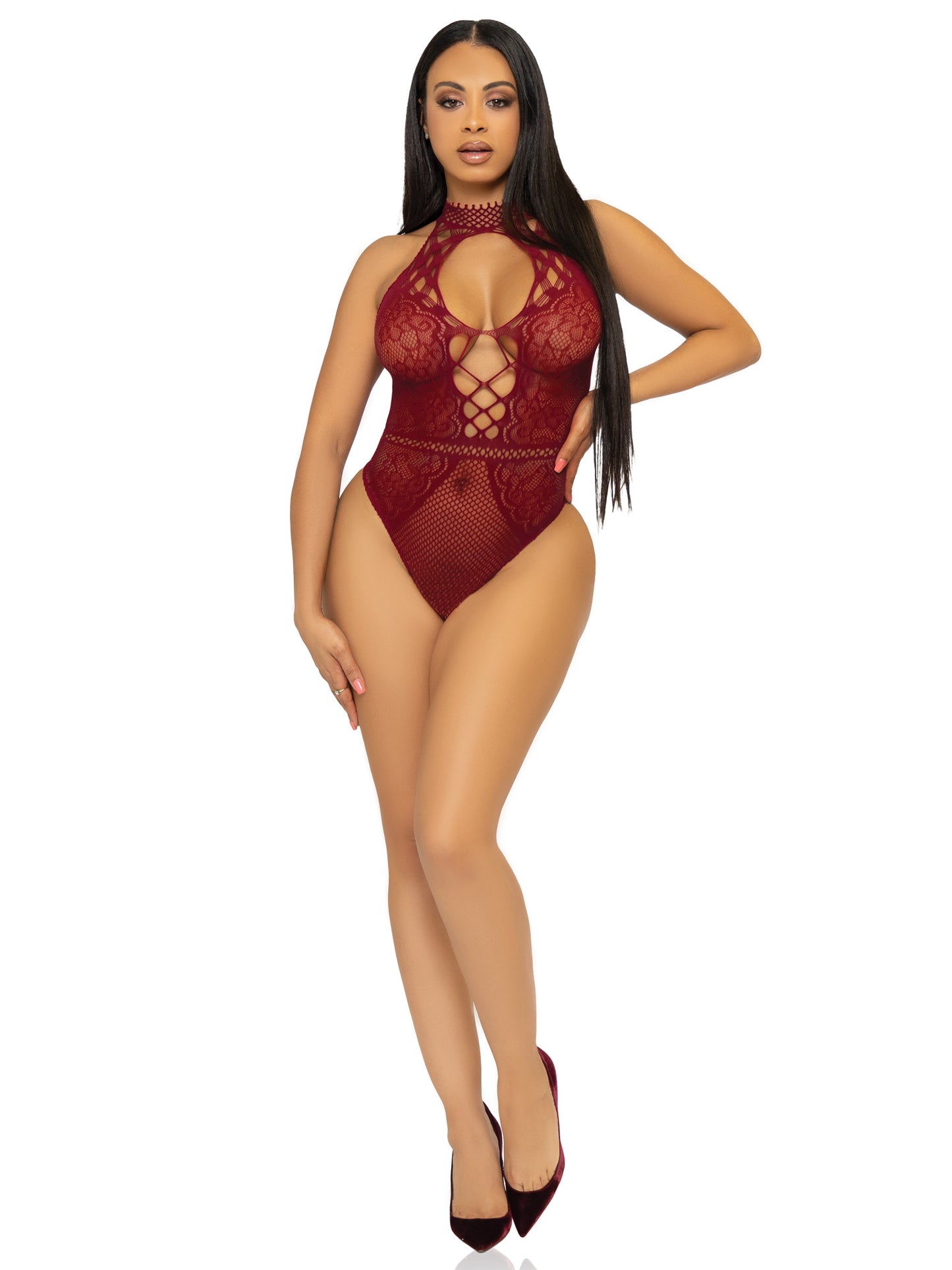 Net and Lace Keyhole Halter Bodysuit - One Size - Burgundy - Time4Task2Toys