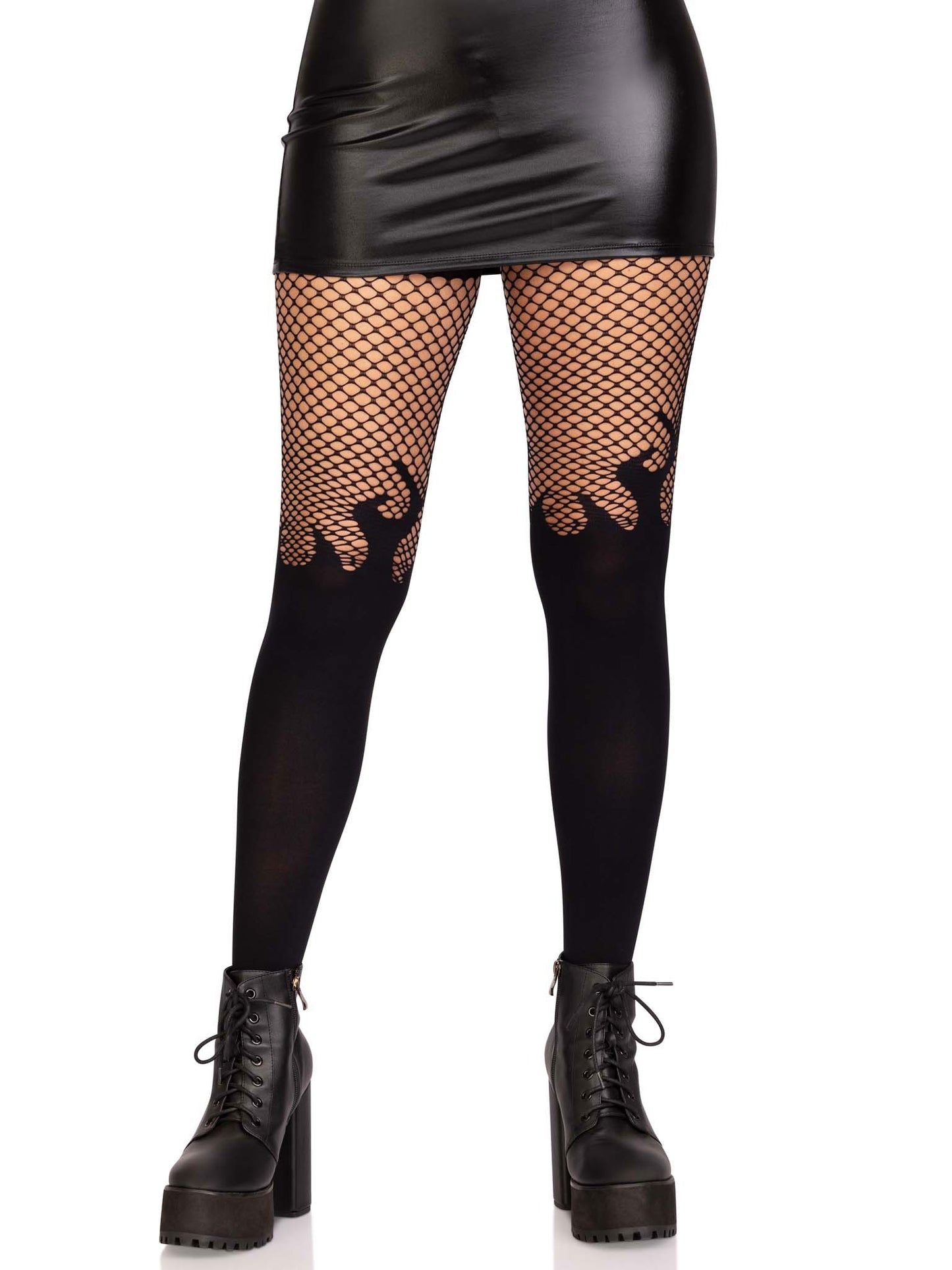 Opaque Flame Tights With Fishnet Top - One Size - Black - Time4Task2Toys