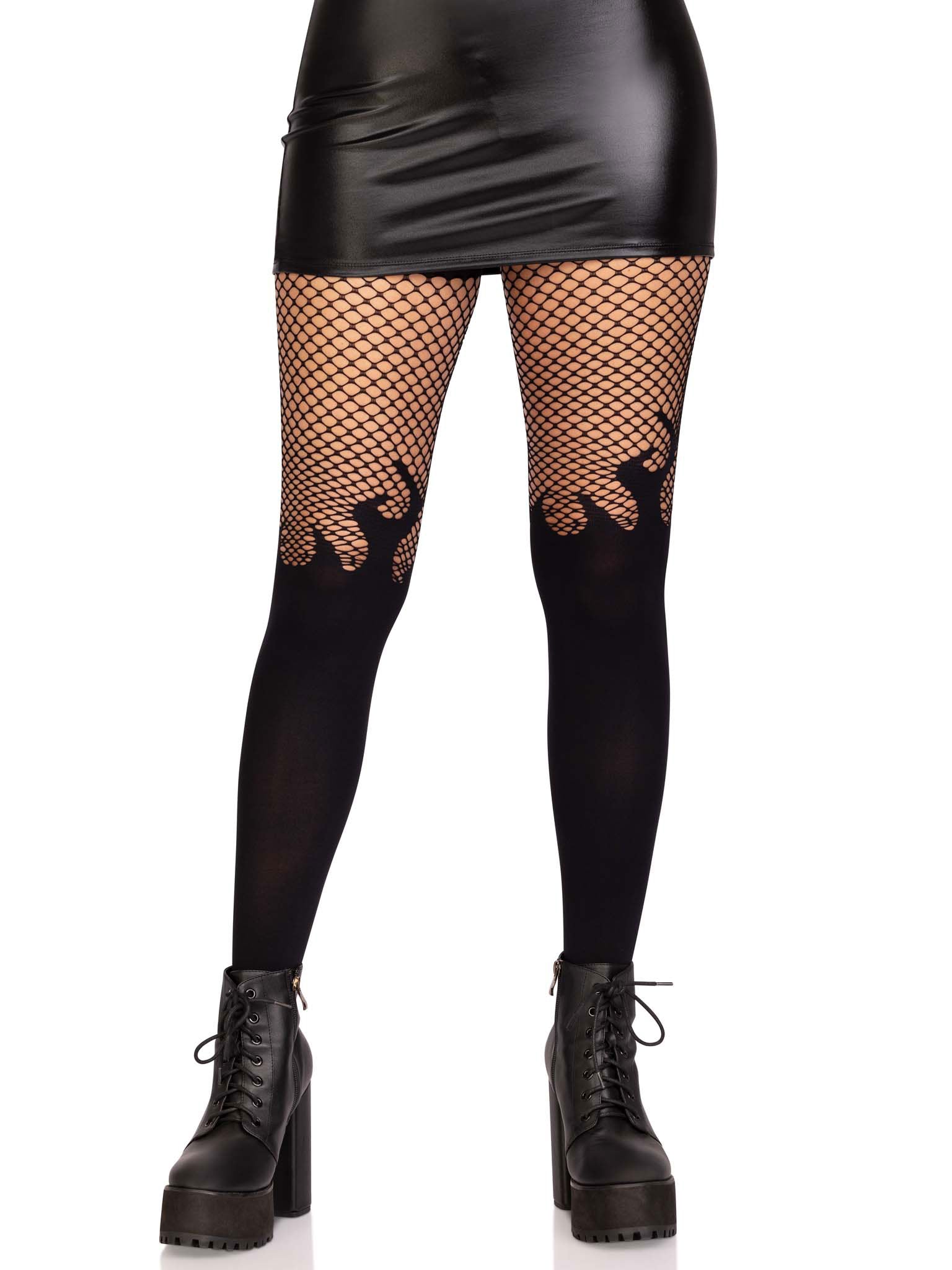 Opaque Flame Tights With Fishnet Top - One Size - Black - Time4Task2Toys