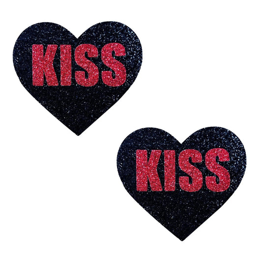 Kiss Red and Black Valentine Glitter Heart Nipple Cover Pasties - Time4Task2Toys