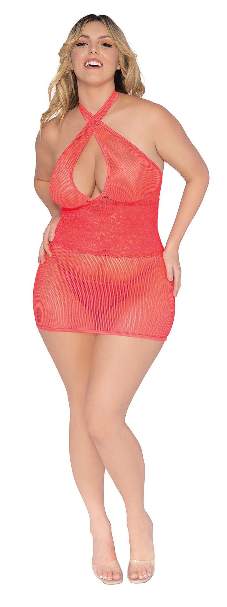 Stretch Fishnet and Scalloped Stretch Lace Chemise - Queen - Coral - Time4Task2Toys