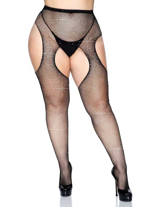 Casey Rhinestone Fishnet Suspender Pantyhose - Queen - Black - Time4Task2Toys