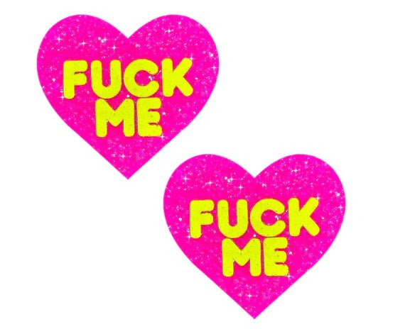 F*Ck Me Blacklight Neon Super Sparkle Nipple Cover Pasties Pink Glitter - Time4Task2Toys