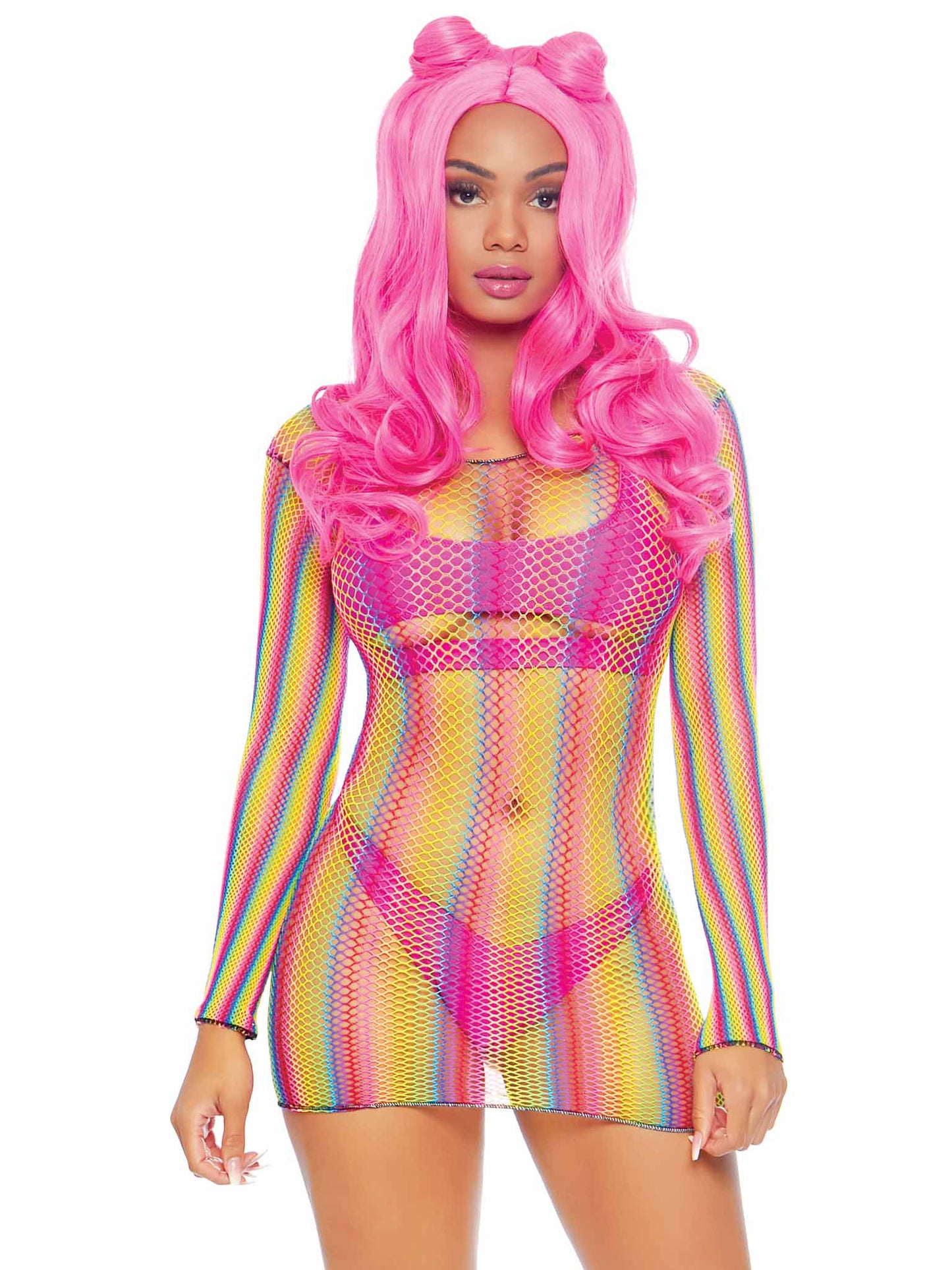 Rainbow Fishnet Long Sleeved Mini Dress - One Size - Rainbow - Time4Task2Toys