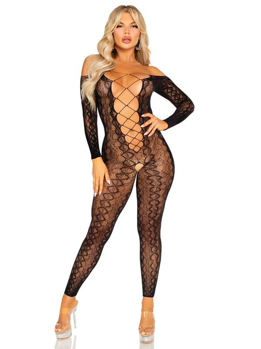 Python Net Crotchless Footless Lingerie Jumpsuit O/s - Black - Time4Task2Toys