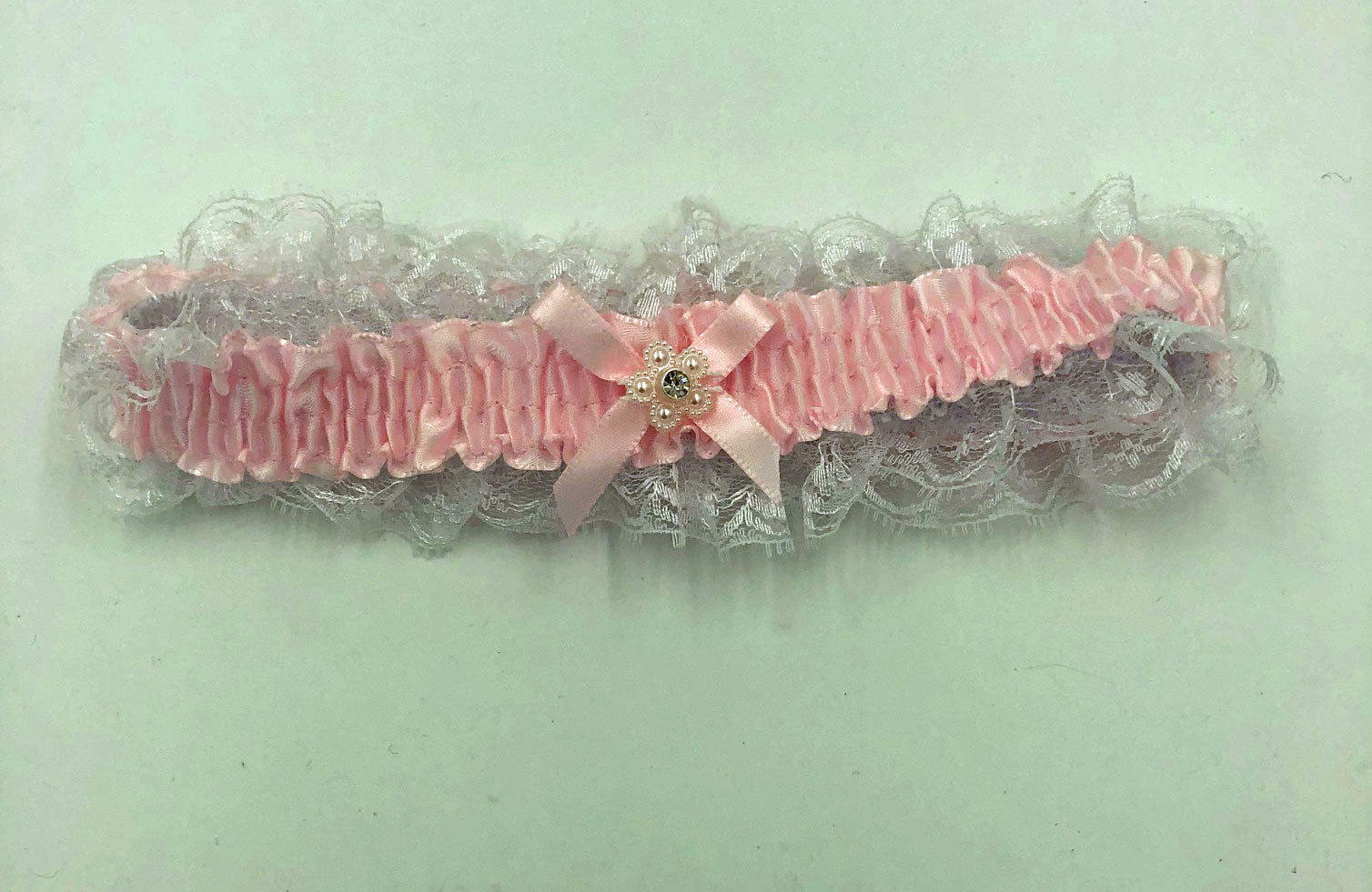 Satin Leg Garter - One Size - Baby Pink With White Lace - Time4Task2Toys