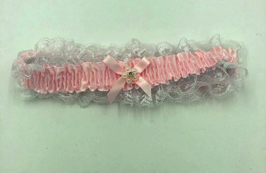 Satin Leg Garter - One Size - Baby Pink With White Lace - Time4Task2Toys