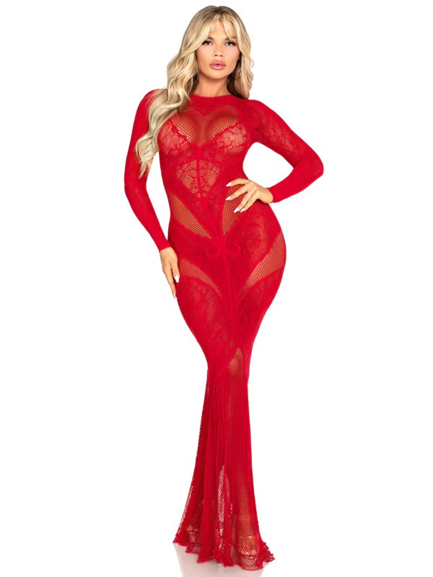 Red Lace and Net Body Con Gown - With Heart Keyhole Detail - Os - Time4Task2Toys