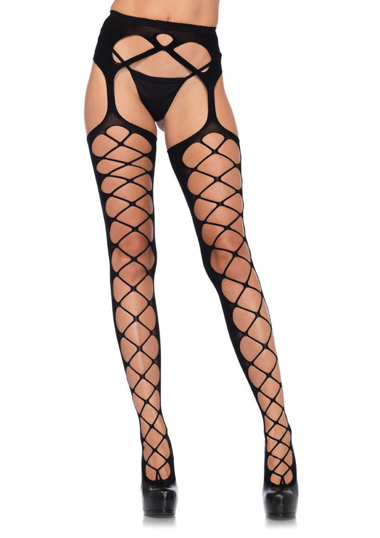 Diamond Net Opaque Stockings with Attached Garter - Black - One Size - Time4Task2Toys