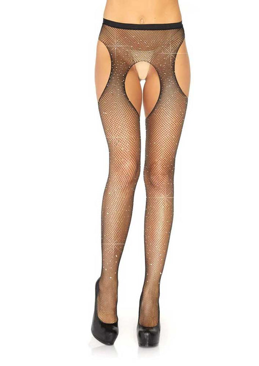 Casey Rhinestone Fishnet Suspender Pantyhose - One Size - Black - Time4Task2Toys