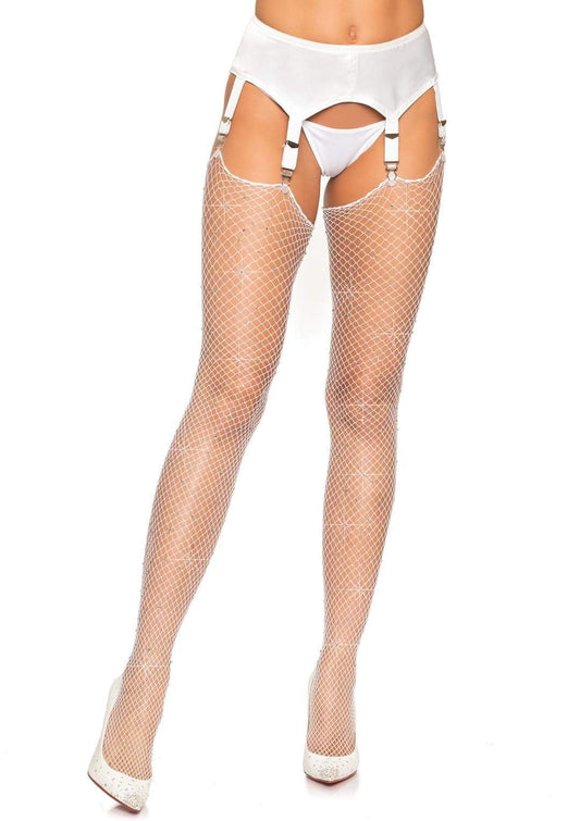 Rhinestone Fishnet Stockings - One Size - White - Time4Task2Toys