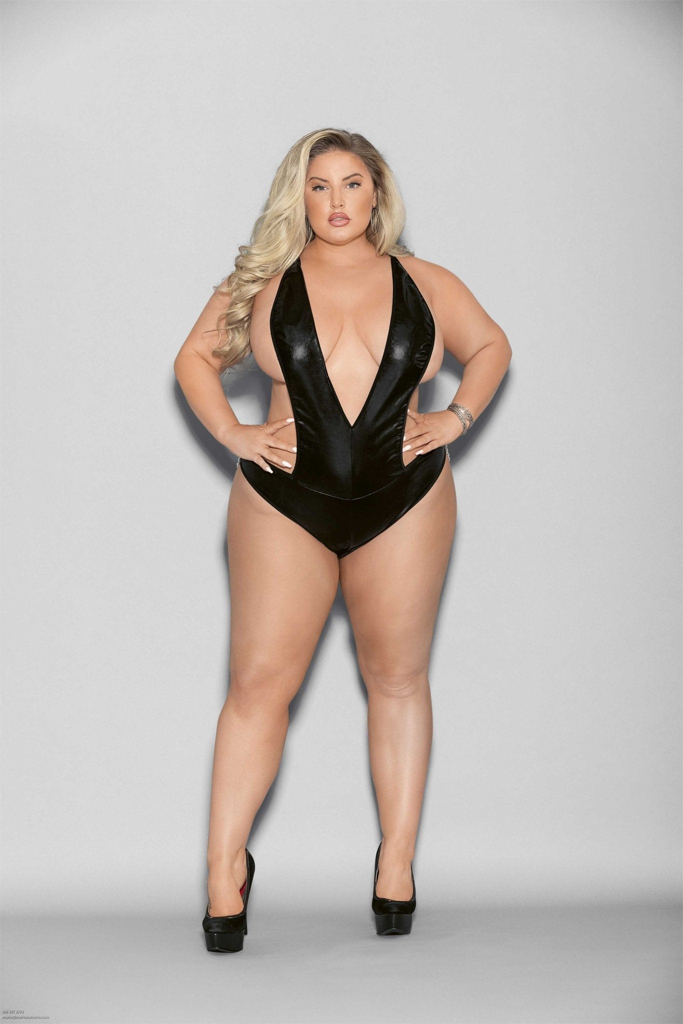 Liquid Look Chain Back Open Crotch Teddy - Queen Size - Black - Time4Task2Toys