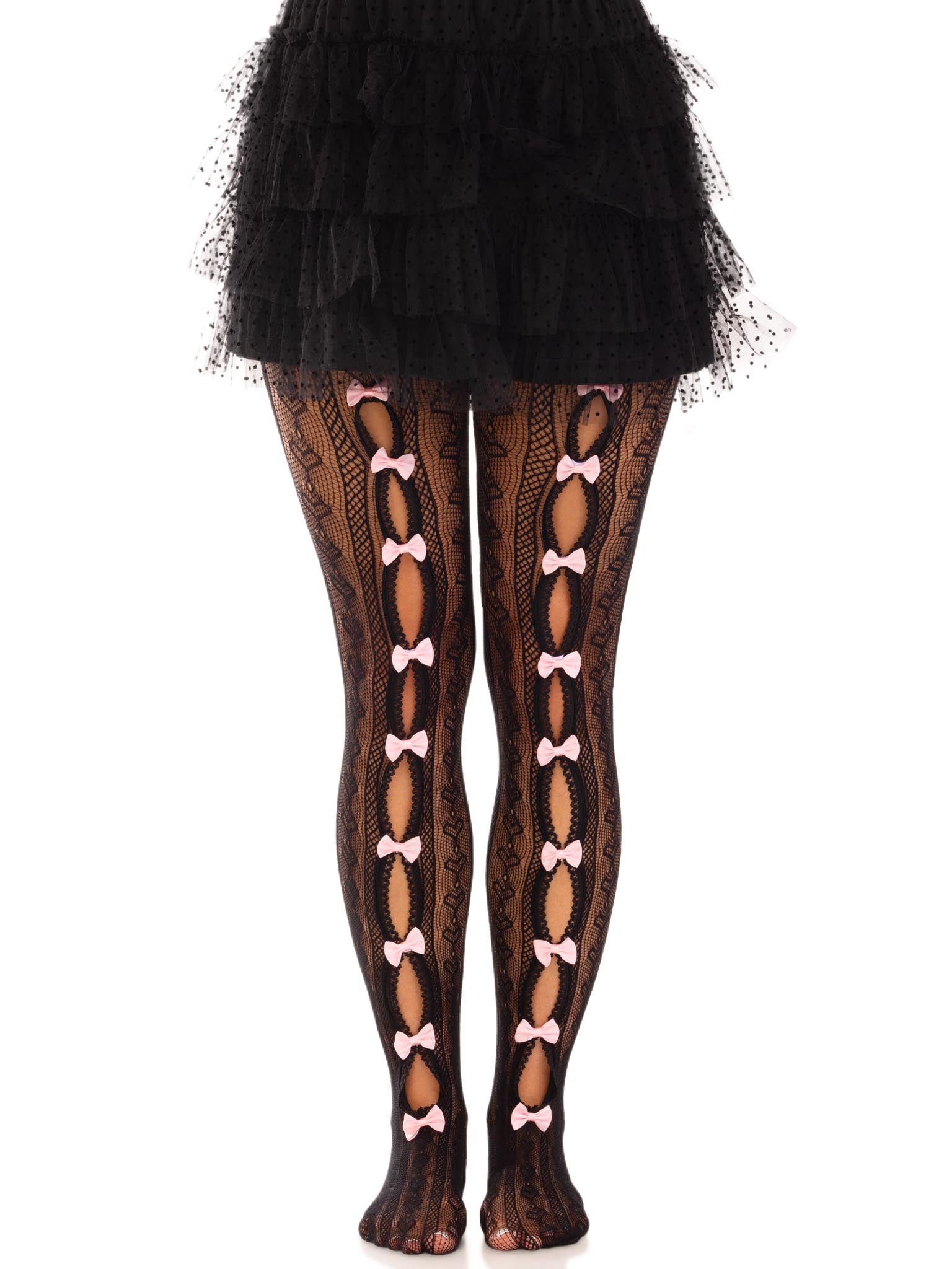 Sweetheart Striped Net Tights With Keyhole and Mini Bow Detail - One Size - Black - Time4Task2Toys