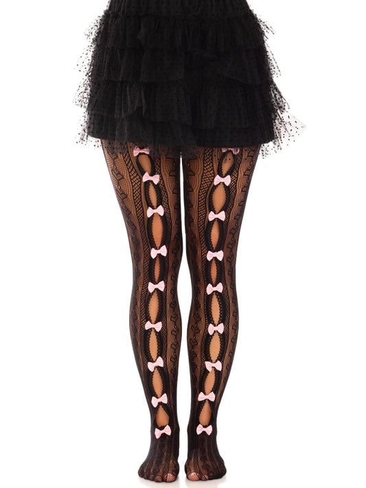 Sweetheart Striped Net Tights With Keyhole and Mini Bow Detail - One Size - Black - Time4Task2Toys