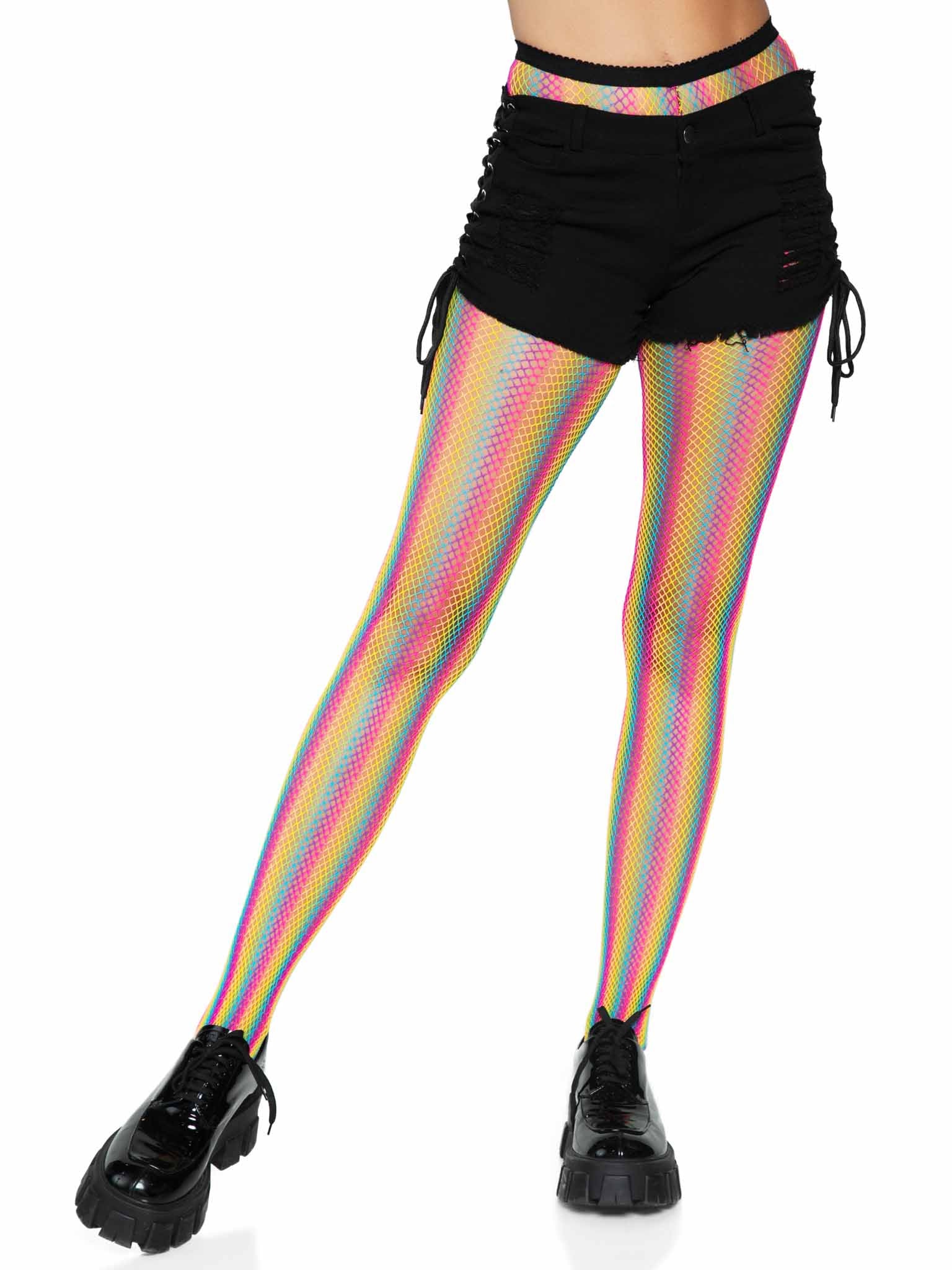Neon Rainbow Striped Fishnet Tights - One Size - Multicolor - Time4Task2Toys