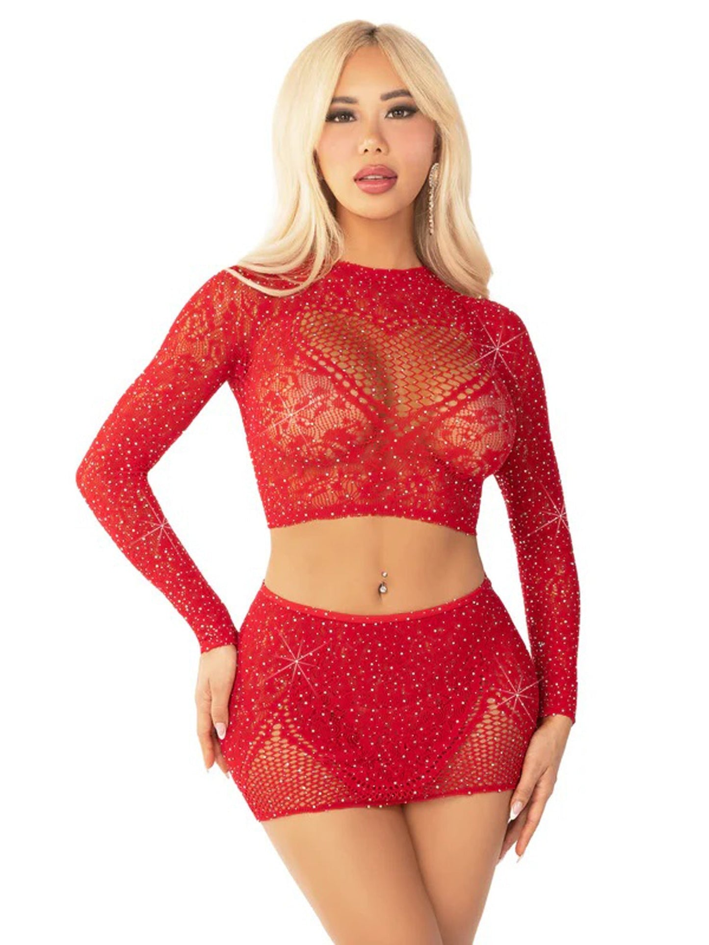 Red 2pc Rhinestone Lace and Net Crop Top with - Heart Keyhole Mini Skirt - Os - Time4Task2Toys