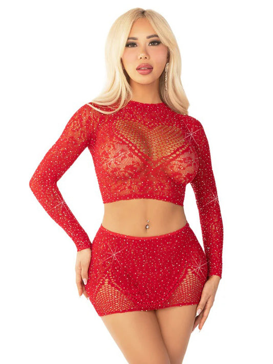 Red 2pc Rhinestone Lace and Net Crop Top with - Heart Keyhole Mini Skirt - Os - Time4Task2Toys