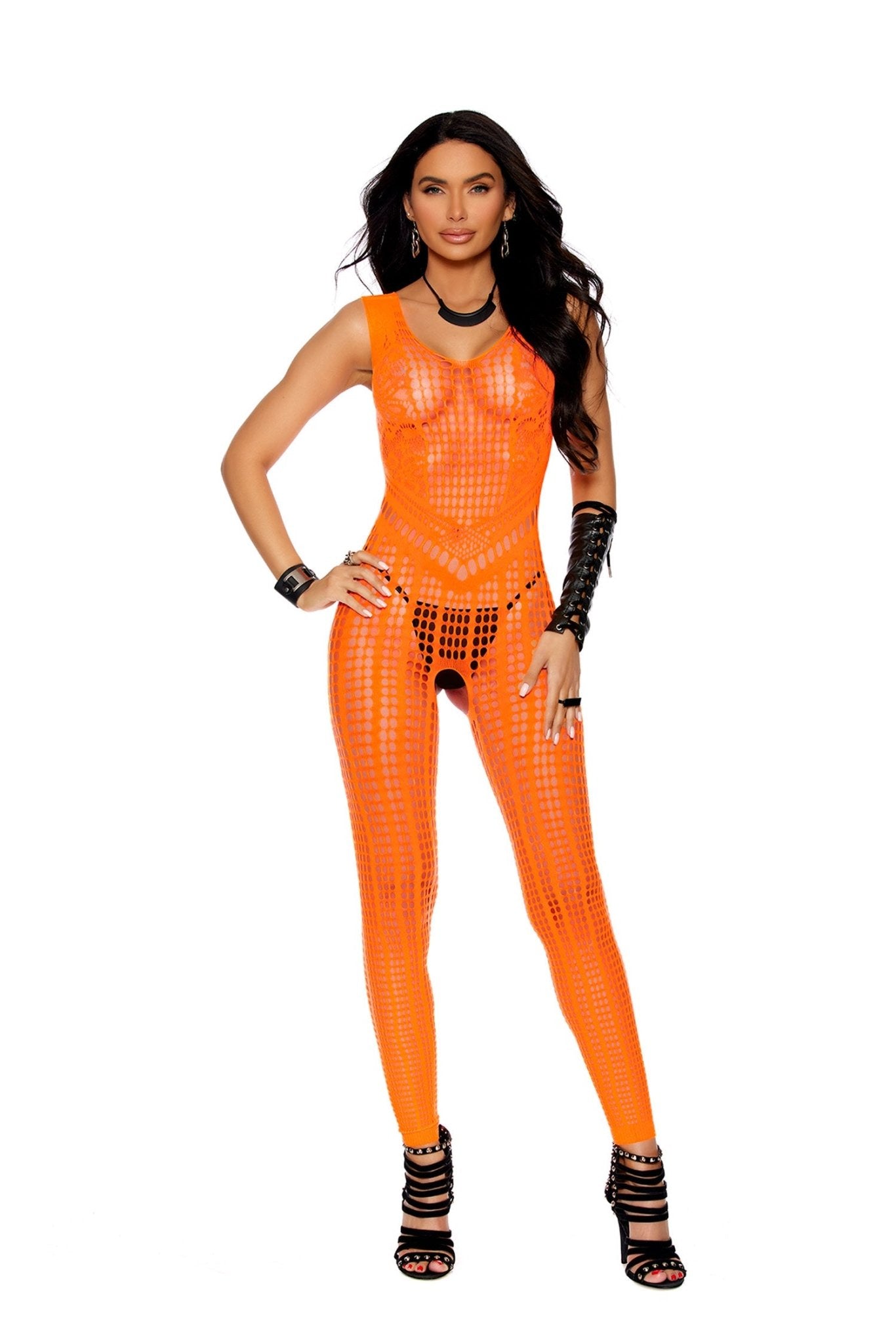 Crochet Footless Bodystocking With Open Crotch - One Size - Orange - Time4Task2Toys