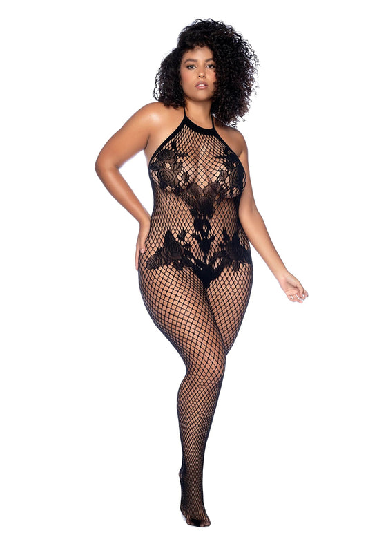 "Vino Noir Floral Fishnet Bodystocking Plus - O/sx - Black GE-1116XBKOS"