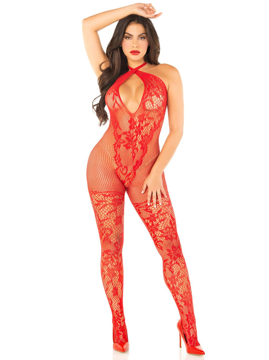 Red Seamless Net and Lace Lingerie Jumpsuit - With Keyhole Crossover Halter - Os - Time4Task2Toys
