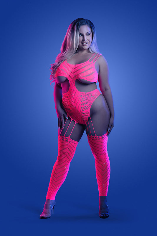 "Wavelength Cutout Rhinestone Teddy Bodystocking - Queen - Neon Pink FL-GL2140-QS-B"