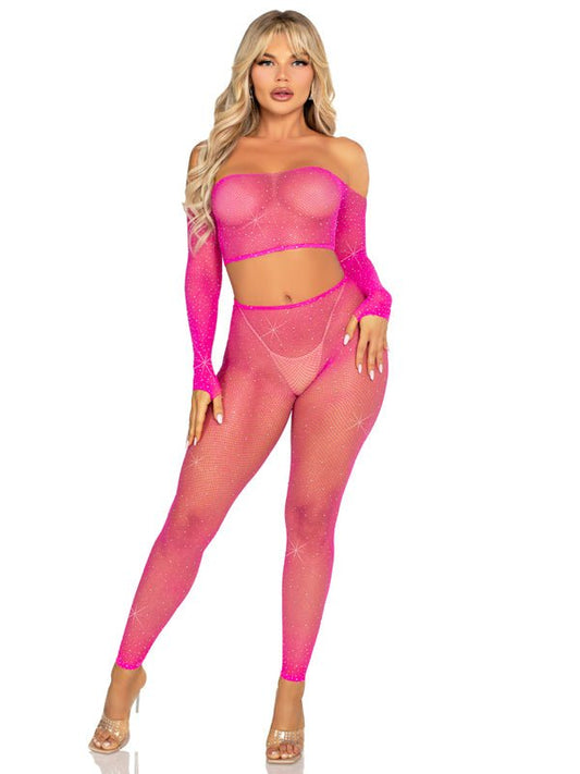 Rhinestone Fishnet Crop Top and Footless Tights O/s - Neon Pink - Time4Task2Toys
