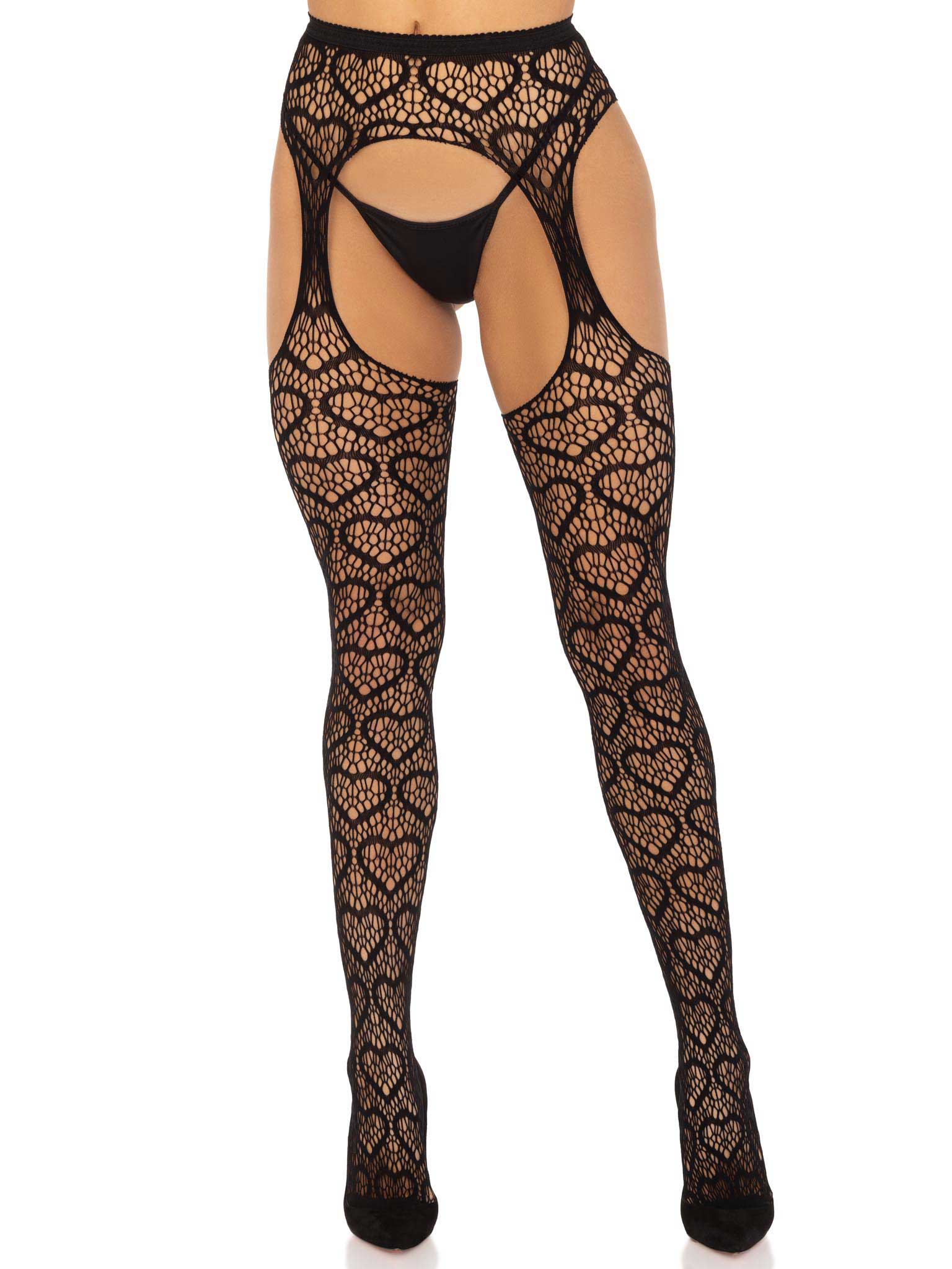 Heart Net Suspender Pantyhose - One Size - Black - Time4Task2Toys