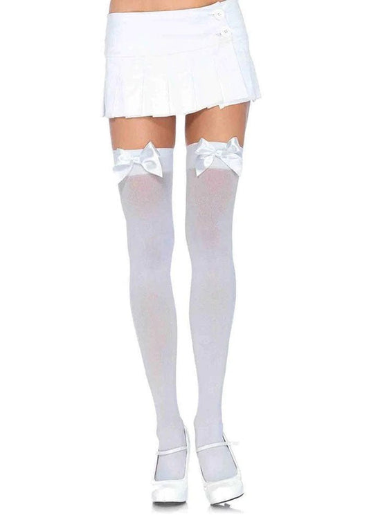 Opaque Thigh Highs With Satin Bow Accent - One Size - White - Time4Task2Toys