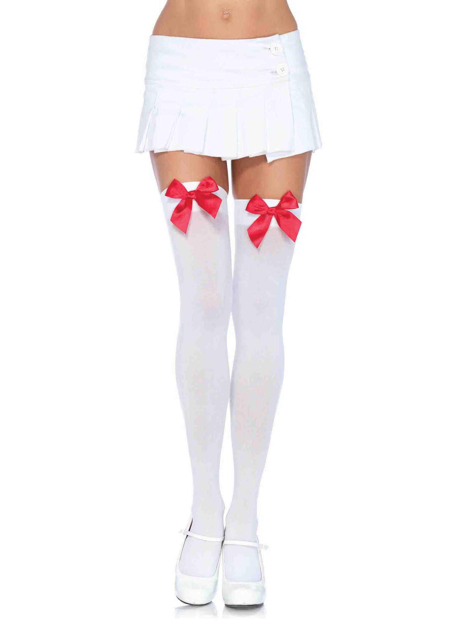 Nylon Over the Knee Socks - White With Red Bow - Time4Task2Toys