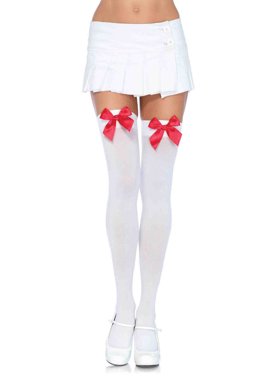 Nylon Over the Knee Socks - White With Red Bow - Time4Task2Toys