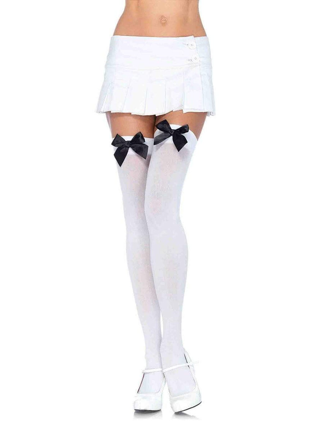 Nylon Thigh Highs With Bow - One Size - White / Black - Time4Task2Toys